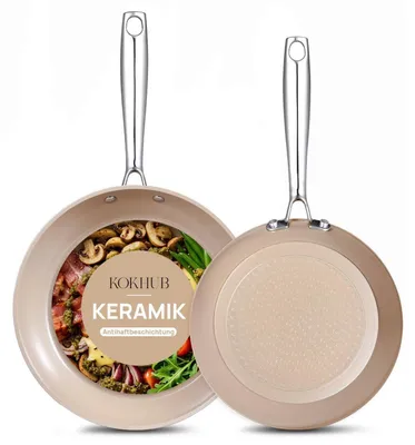 Zdjęcie produktu dla Zestaw garnków ceramicznych, 2 sztuki, patelnie 24/28 cm, kolor khaki, nadaje się do użytku z płytami indukcyjnymi, można używać w piekarniku, bez