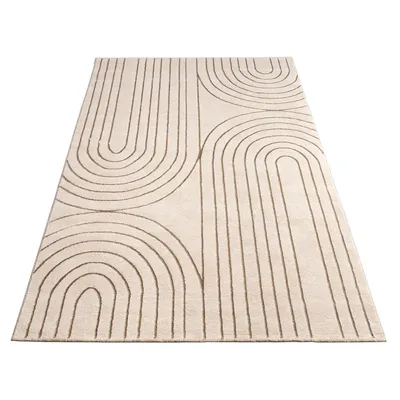 A rug with a geometric pattern of arches.