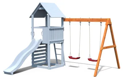 Produktbild von Belladoor Teakfarben Doppelschaukel Modul für Spielturm Bento 1, Schaukelgestell aus Fichtenholz, inklusive zwei rote Schaukelsitze, witterungsbeständig imprägniert, schnelle Montage