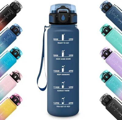 Produktbild von Große Wasserflasche 1 Liter mit Time Markers - Leckfrei Motivierende Trinkflasche für Sport, Büro und Schule