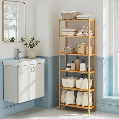 A bathroom scene with a vanity and a tall bamboo shelf unit filled with various bathroom items.