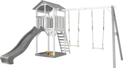 Zdjęcie produktu dla AXI Beach Tower with Single Swing Grey/white - Grey Slide, Domek dla dzieci na nóżkach, 3 lat(a), Ślizgawka, Szary, Biały