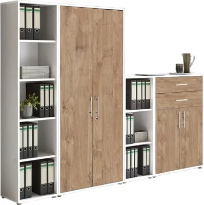 Produktbild von Aktenschrank TABOR 22 in weiß / Gold Harbor Oak, Schrankwand, Büroschrank, abschließbar, Metallgriffe