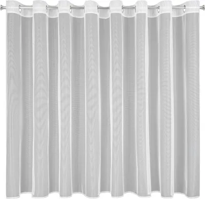 A white sheer curtain with grommets hanging from a rod.