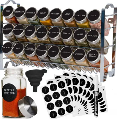 Obrázok produktu pre Sada 24ks - Deco Haus 3-úrovňový kovový stojan na korenie s s 24 nádobami - Stojan, nádoby na korenie, 48 štítkov, kefka, lievik, háčiky - (Chróm)