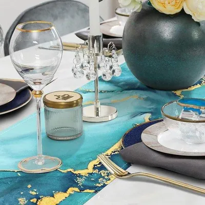 Immagine prodotto di Tovaglia blu-verde, 33x183 cm, lavabile, per interni ed esterni, decorazione moderna
