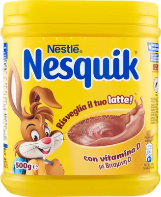 A yellow container of Nesquik chocolate powder with a cartoon rabbit character.