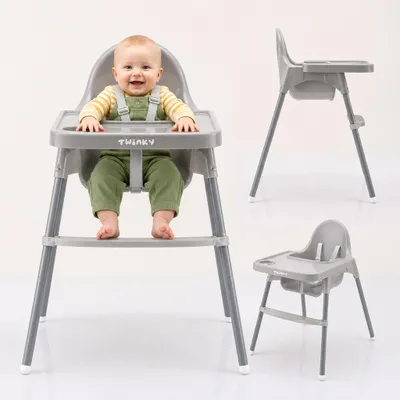 Productafbeelding van Twinky Kinderstoel ECO - Inklapbaar Eetstoel Baby met Tafel & Tablethouder - 2-in-1 Babystoel & Peuterstoel - Meegroeistoel met Anti Slip Pootjes - Grijs