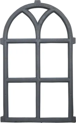 A gray, gothic-style window frame with six panes, presented against a white background.