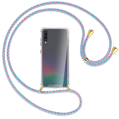 Produktbild von Handykette Backcover-Schutzhülle mit Band (Metall goldfarben) für Samsung Galaxy A70 - pink/mint