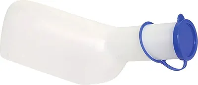 Produktbild von Urinflasche für Männer, Beschreibung:Durchscheinend mit blauem Deckel