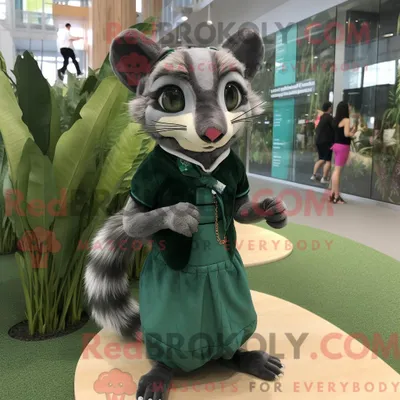 Produktbild von Maskottchencharakter REDBROKOLY einer grünen Zibetkatze mit Rock und Krawatte