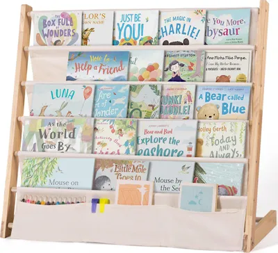 Produktbild von Caveen Kinder Bücherregal 5 Ebenen, Holz Kinderregal mit Stofffächern, Spielzimmer & Schlafzimmer, 67×30×75 cm, Naturholz