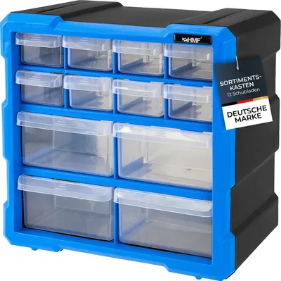 Produktbild von HMF Sortierbox für Kleinteile mit 12 Schubladen, Sortimentskasten für Schrauben und Werkzeug, 24 Fächer, 26,5 x 26,5 x 16 cm, Blau-Schwarz