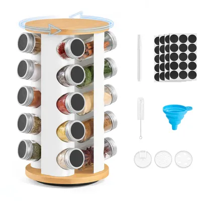 Obrázek produktu pro SONGMICS, otočný stojan na koření, s 20 sklenicemi na koření, organizér koření, kuchyňský stojan, s etikety a příslušenstvím, bílá a přírodní barva