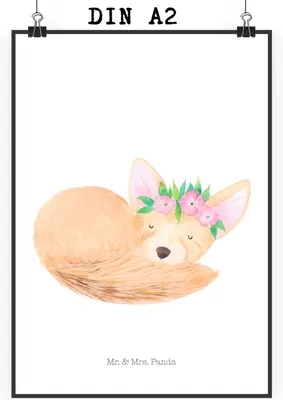 Produktbild von Mr. & Mrs. Panda Bild Wüstenfuchs Blumen DIN A2 - Weiß - Geschenk, Afrika, Wüste, Plakat, Blumenkranz, Wandbild, Glücklich, drucke, Kunstdruck, wanddeko
