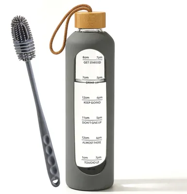 Immagine prodotto di Omgoods - Bottiglia d'acqua in vetro da 1 litro con protezione in silicone e indicatori di tempo