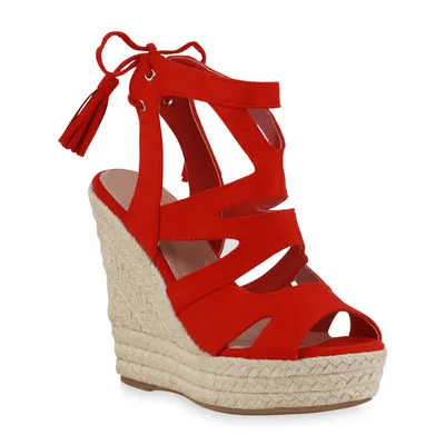Produktbild von VAN HILL Damen Bast Keilsandaletten Cut-Outs Quasten Sommer Schuhe 816039, Farbe: Rot, Größe: 36