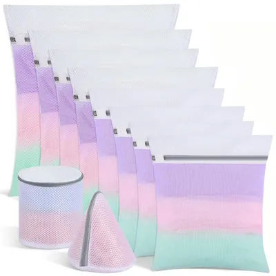 Image de Lot de 10 sacs de lavage pour machine à laver, avec fermeture éclair, réutilisables, à mailles grossières et fines, pour soutiens-gorge, chemises, pulls, pantalons, vêtements de bébé