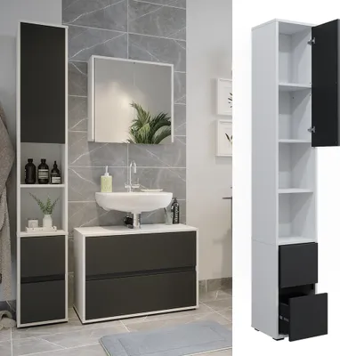 A bathroom vanity and tall cabinet set.