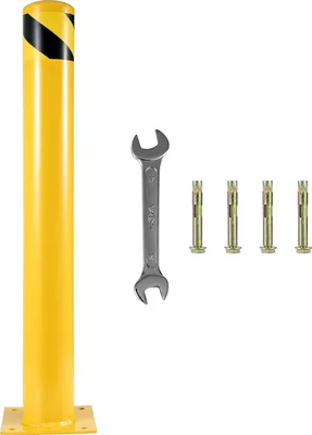 Image de SucceBuy Borne de sécurité de 48 pouces, tube d'acier de 4,5 pouces de diamètre, poteau en acier jaune avec 8 boulons d'ancrage, idéal pour les zones de circulation sensibles