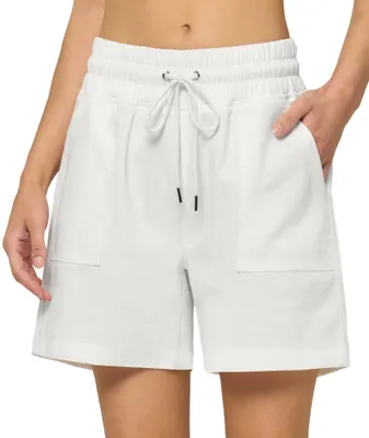 Imagen del producto de Pantalones cortos para mujer, cintura alta, mezcla de algodón y lino, cómodos para el verano, de largo hasta la rodilla, con bolsillos, cintura elástica. Pantalones cortos tipo bermuda