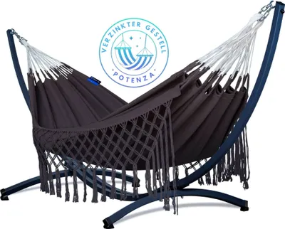 Produktbild von Potenza Outdoor Hängematte mit Verzinkter Gestell für 2 Personen I Medelin - 100% Baumwolle Doppelhängematte 230x160, 200kg I Hängemattengestell 220kg, wetterfest