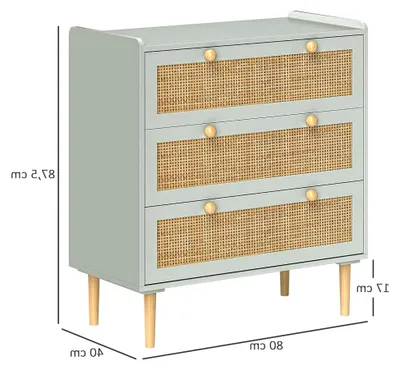 Produktbild von Kommode Sideboard mit 3 Schubladen, Ablagefläche, Aufbewahrungsschrank im Boho-Stil für Wohnzimmer, Schlafzimmer und Flur, 80 x 40 x 87,5 cm, Grün