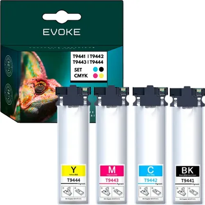 A box of printer ink cartridges with a chameleon image and four ink cartridges displayed below.