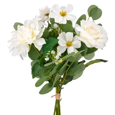 Produktbild von CREATIV green Rosenmixstrauß 40 cm Weiß – Kunstblumen Strauß künstlich mit Rose, Dahlie, Cosmea & Eukalyptus, Dekoblumen für Vase, Tischdeko & Wohnraumdeko