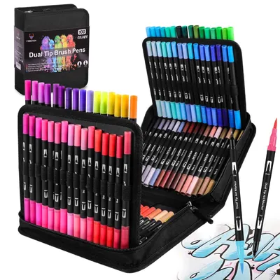 Image de Set de 100 feutres de couleurs - Double encre - Feutres pinceaux aquarellables - Calligraphie - Bullet Journal - Encre non toxique - Crayons de couleur