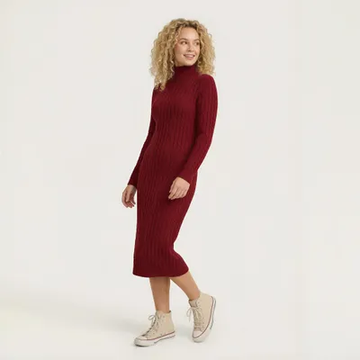Produktbild von Strickkleid Lang Damen Maxikleid mit Zopfmuster Gr. 38 40 42 Langarm Rollkragen