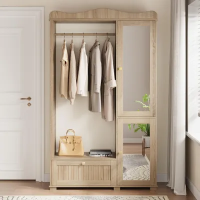 Image de Armoire avec miroir et étagère ouverte, armoire avec tiroir et 2 portes, meuble de rangement pour chambre et couloir, en chêne