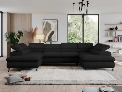 Produktbild von Ecksofa mit Bettkasten, U-form Bettsofa mit Schlaffunktion, verstellbare Kopfstützen - PEDRO U - Boucle - Schwarz