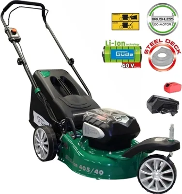 A Güde cordless lawnmower with various accessories and feature callouts.