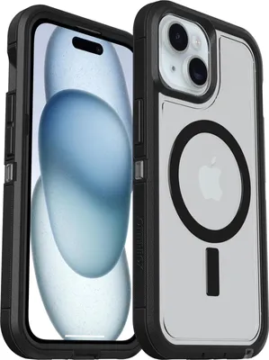 Two iPhone cases are shown, one in front of the other, with the front case angled to show its side and back. The back of the case has a clear window revealing the Apple logo and MagSafe ring on the phone inside.