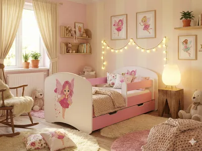 A child's bedroom decorated with a fairy theme, featuring a pink and white bed.