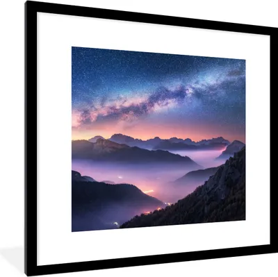 Produktbild von MuchoWow® Gerahmtes Poster Berge - Sternenhimmel - Nebel 40x40 cm - Poster mit Schwarzem Bilderrahmen Wandposter Rahmen Foto Bilder - Poster - Plakat im Rahmen