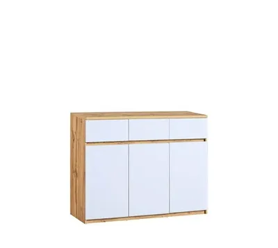 Produktbild von Kommode ARTON II, Sideboard mit 3 Schubladen und 3 Türen, Wohnzimmerschrank, Kommode für Wohnzimmer, Esszimmer und Schlafzimmer, Eiche Wotan/Weiß