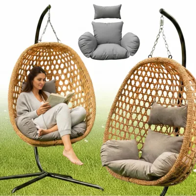 Produktbild von MEVEN AURA | Hängesessel mit Gestell natürlich Hängekorb Outdoor & Indoor | Schwebesessel Inkl. XXL Kissen 110kg | Luxus Korbsessel für Garten