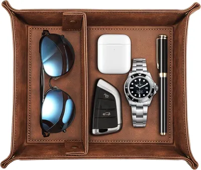 Produktbild von Taschenleerer, Tablett Organizer Ablage Aufbewahrungsbox Abnehmbare 2 F?cher Kunstleder Ablageschale fš¹r Handy Schmuck Schlš¹ssel Kleingeld (Braun)