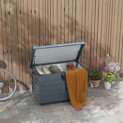 Produktbild von Gartenbox Aufbewahrungsbox Outdoor, Kissenbox verzinkter Stahl, wetterbeständig, Dunkelgrau | 100 x 62 x 65 cm | 295 L, 4 Rollen | abschließbar