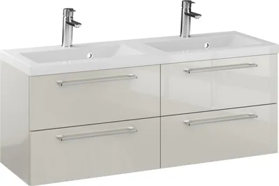Produktbild von FURNI Waschtischunterschrank RON 120 cm - Kaschmir - Hängender Badschrank mit Mineralguss - Waschbecken - Griffe Chrom - Vormontiert