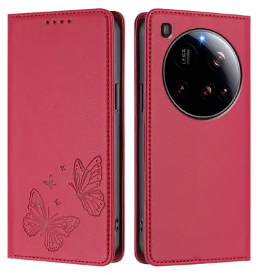 Image de Étui en cuir pour Xiaomi 15 Ultra, motif papillon, étui portefeuille à rabat avec support, rouge