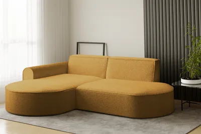 Productafbeelding van Designbank BONDY, hoekbank, bekleding: stof Ascot, kleur: mosterdgeel, met ottoman aan de linkerkant