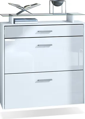 Produktbild von Vladon Schuhschrank Malea, hängender Schuhkipper für 16 Paar Schuhe mit 2 Klappen und 1 Schublade und Glasablage, Weiß matt/Weiß Hochglanz (89 x 96 x 23 cm)