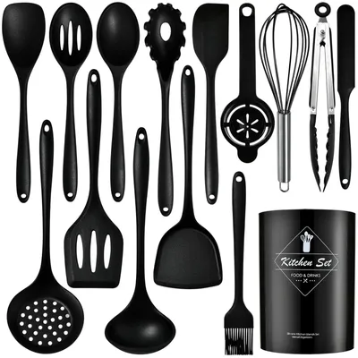 Silikon-Küchenhelfer-Set 15-tlg., Edelstahlgriff, hitzebeständig, schwarz