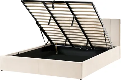 Produktbild von BELIANI Bett Hellbeige Samt Gesteppt mit Lattenrost 180 x 200 cm Hochklappbar Bettkasten Hohes Kopfteil Modern Schlafzimmer Doppelbett