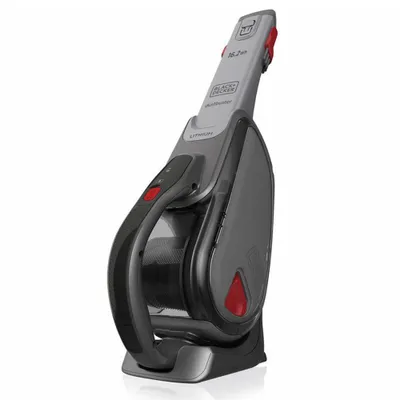 A Black & Decker handheld vacuum cleaner is shown on its charging base against a white background.
