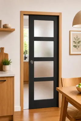 Image de Porte Coulissante Telia Noir Vitree H204 x L83 + Système a Galandage et kit de finition inclus (serrure)